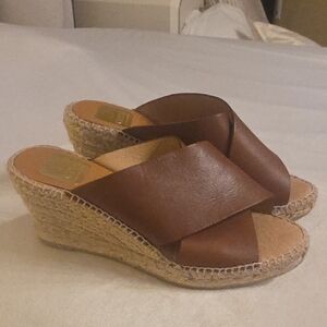 Kanna Brown Leather Spadrille Wedge Slide Sandals 37 EU